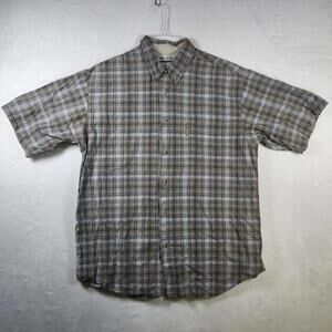 Columbia Sportswear XL Plaid Button Up Shirt Beige Navy Vented Outdoor‎ Hiking